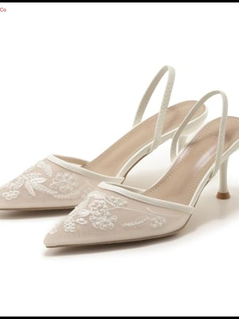 Embroidered Mesh Slingback Kitten Heels Pointed Toe Wedding Pumps